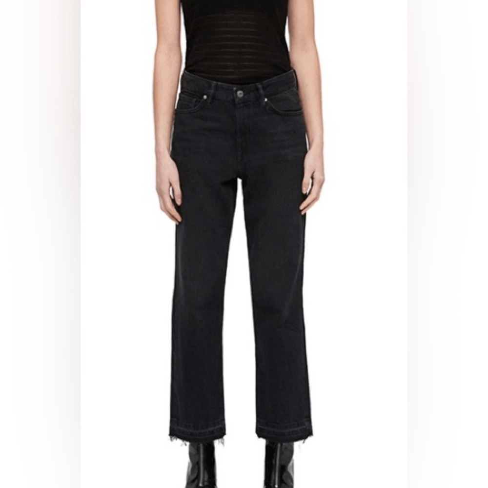 AllSaints Ava High Rise Straight Leg Jeans‎ Washed Black Raw Hem W26